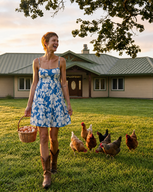 A woman in a blue and white floral dress walks on a grassy lawn carrying a basket of eggs, with several chickens beside her and a house in the background at sunset.