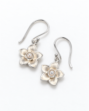 Sterling Silver Hawaiian Plumeria Pearl Drop Earrings