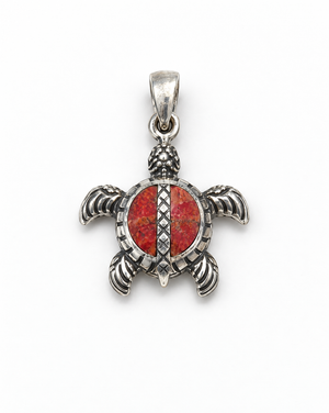 Sterling Silver Honu Pendant with Red Coral Inlay