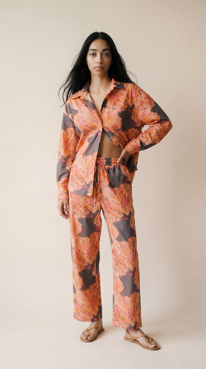 Drawstring Pants - Slate with Flowers