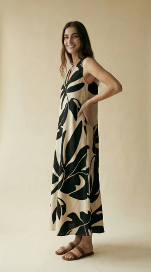 Mauka Midi Dress - Forest Leaves Black