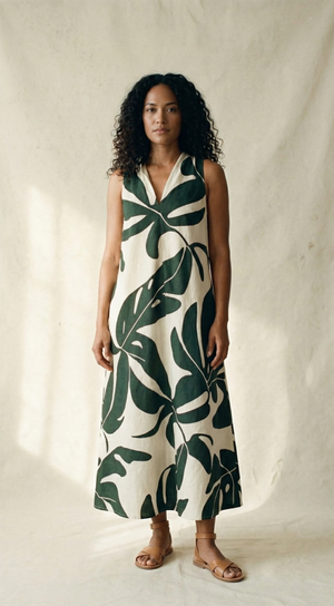 Mauka Midi Dress - Forest Leaves Green
