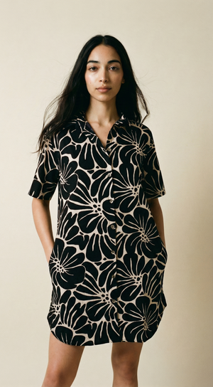 Island Shirt Dress - Vintage Flowers Black