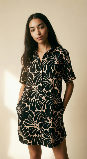 Island Shirt Dress - Vintage Flowers Black