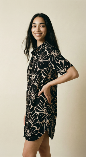 Island Shirt Dress - Vintage Flowers Black