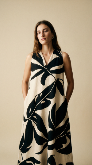 Mauka Midi Dress - Forest Leaves Black