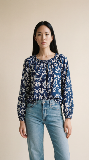 Ruffle Neck Raglan Button Down - Indigo Bloom