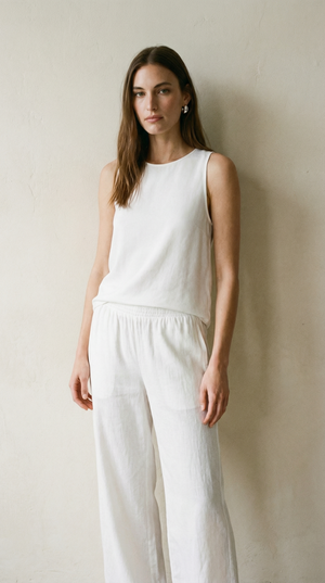 Smocked Waist Wide Leg Pant - White