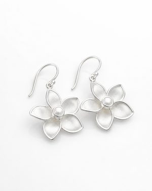 Sterling Silver Plumeria and Pearl Earrings