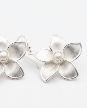 Sterling Silver Plumeria and Pearl Earrings