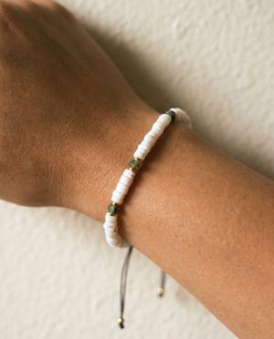 Puka Shells and African Peridote Bead Adjustable Bracelet