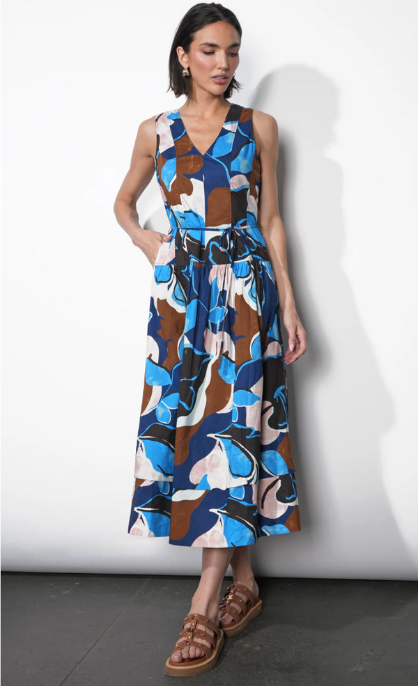 Abi Poplin Midi Dress - Navy Multi