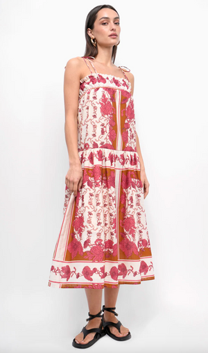 Alisha Trapeze Strappy Midi Dress - Ecru/ Coral