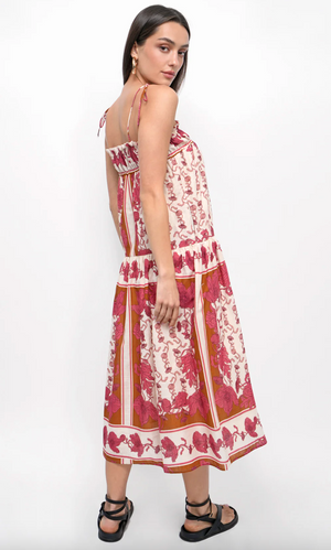 Alisha Trapeze Strappy Midi Dress - Ecru/ Coral