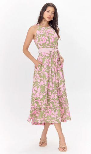 Nali Print Shoulder-Tie Maxi Dress - Sage/ Pink