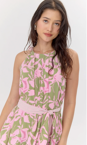 Nali Print Shoulder-Tie Maxi Dress - Sage/ Pink