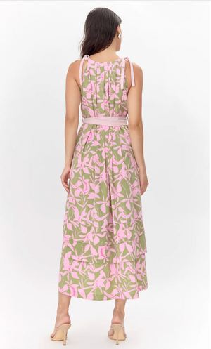 Nali Print Shoulder-Tie Maxi Dress - Sage/ Pink