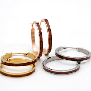 Koa Wood and Steel Hoop Earrings - Silver, Gold, or Rose Gold