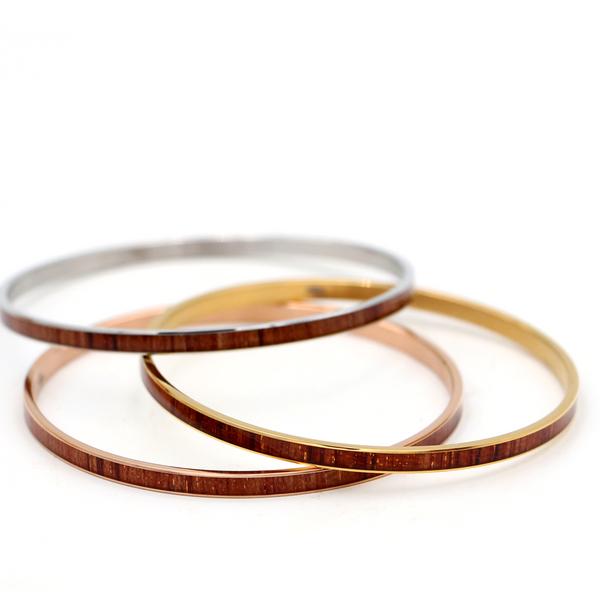 Koa Wood Stainless Steel Bangle - Gold, Rose Gold, and Silver