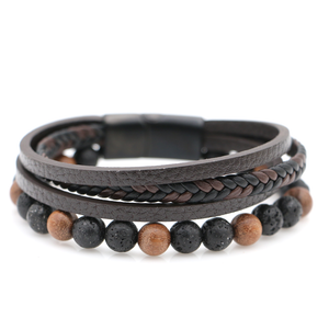Koa Wood and Lava Beads with Leather Bracelet