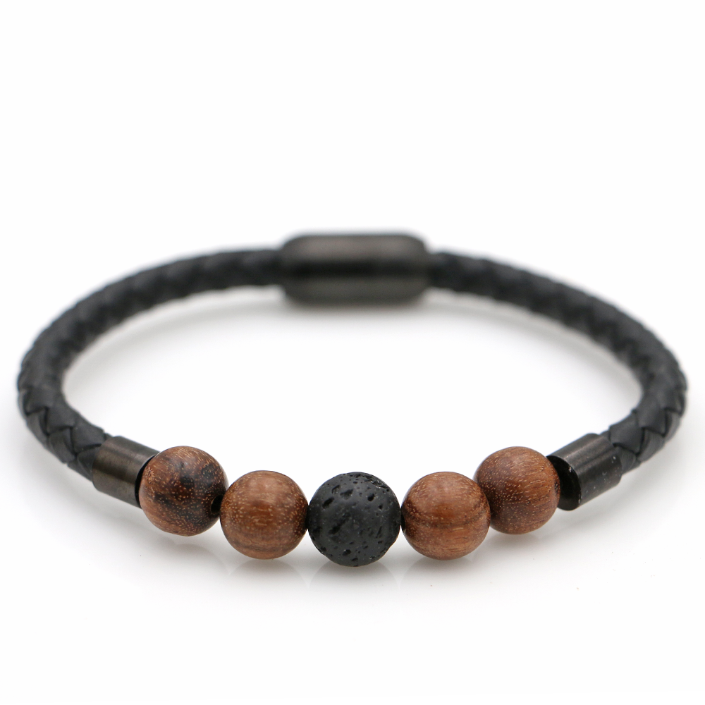 Koa and Lava Beads with Single Braided Leather Bracelet | KoaWood