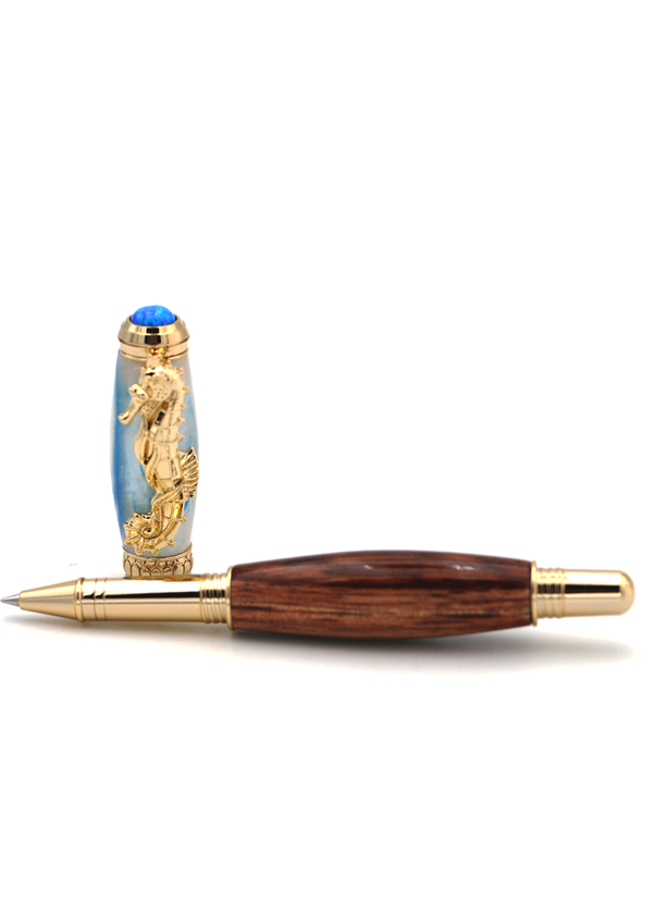 Premium Curly Hawaiian Koa Seahorse Pen - 24kt Gold