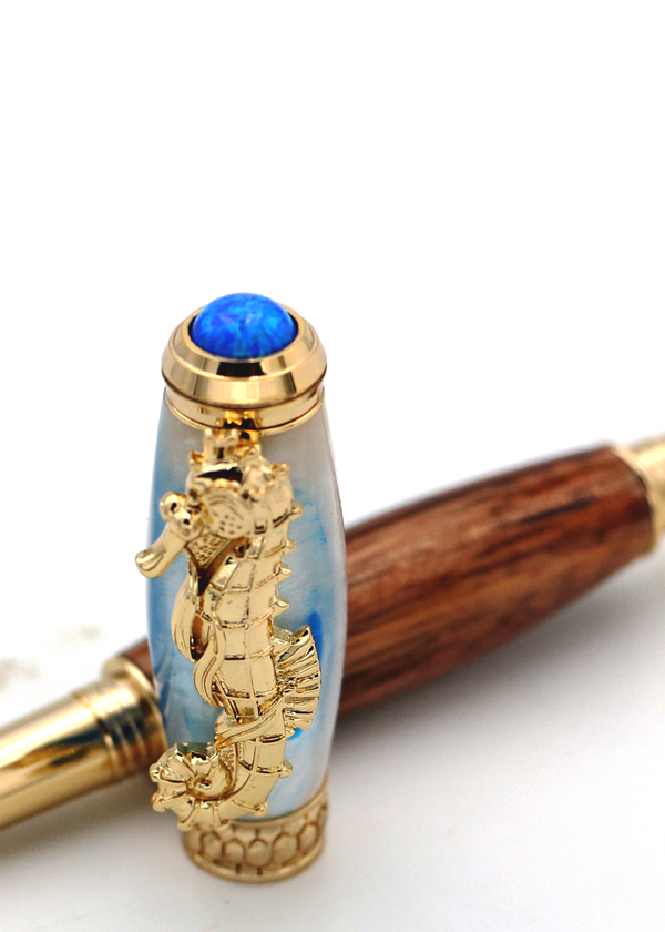 Premium Curly Hawaiian Koa Seahorse Pen - 24kt Gold