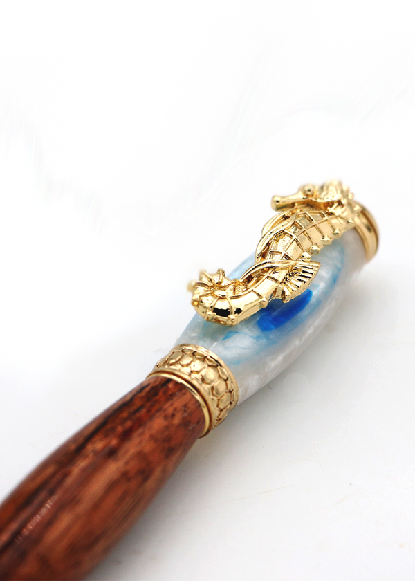 Premium Curly Hawaiian Koa Seahorse Pen - 24kt Gold