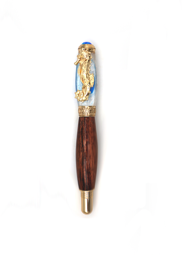 Premium Curly Hawaiian Koa Seahorse Pen - 24kt Gold