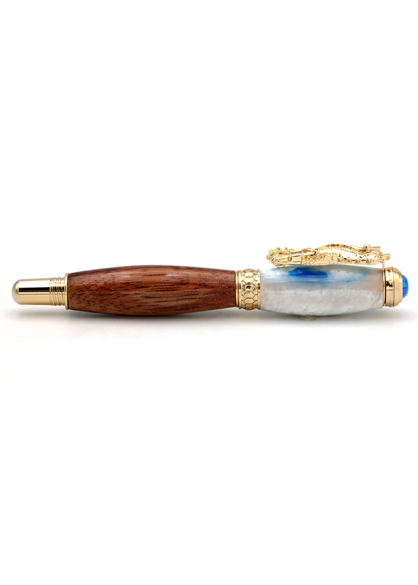 Premium Curly Hawaiian Koa Seahorse Pen - 24kt Gold