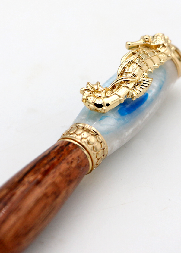 Premium Curly Hawaiian Koa Seahorse Pen - 24kt Gold