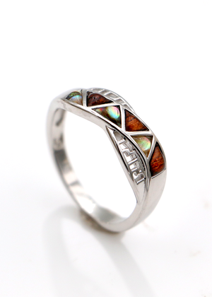 Silver Crossover Ring with Koa and Abalone Zig Zag Inlay