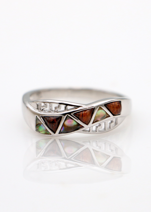 Silver Crossover Ring with Koa and Abalone Zig Zag Inlay