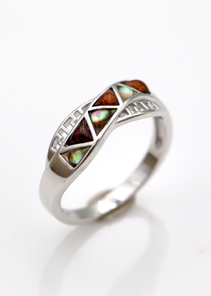Silver Crossover Ring with Koa and Abalone Zig Zag Inlay