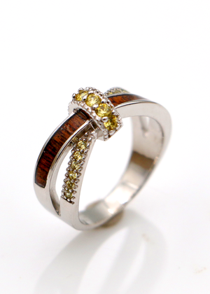 Silver Crisscross Ring with Koa Inlay and Gemstones