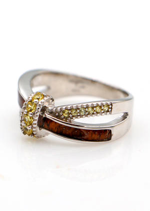 Silver Crisscross Ring with Koa Inlay and Gemstones