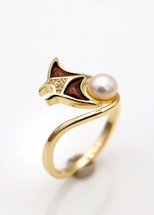 Manta Ray with Koa, Pearl and Gemstones - Gold
