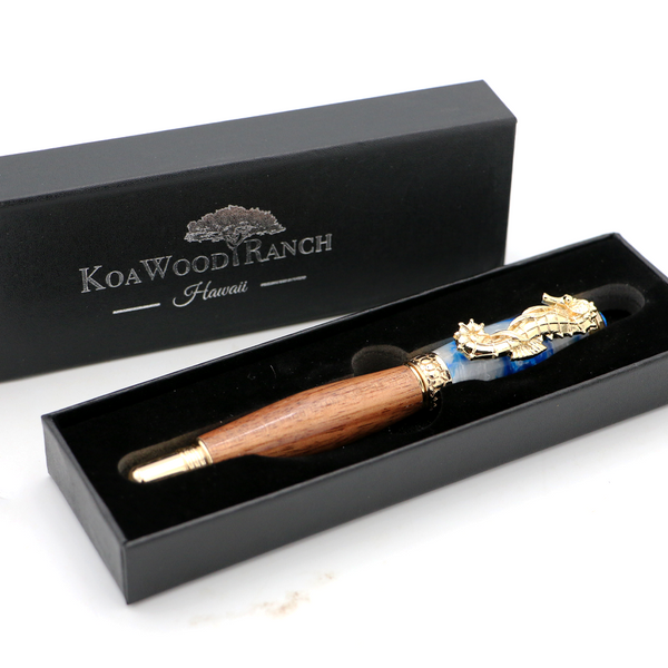 Premium Curly Hawaiian Koa Seahorse Pen - 24kt Gold