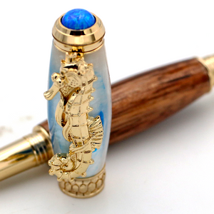 Premium Curly Hawaiian Koa Seahorse Pen - 24kt Gold