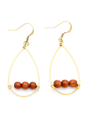 Koa Wood 3 Bead with Wire Hoop Earrings