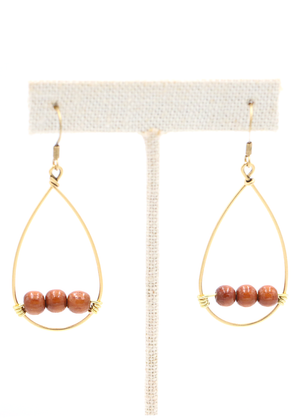 Koa Wood 3 Bead with Wire Hoop Earrings