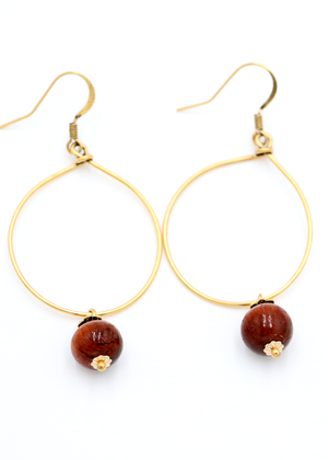 Koa Wood Bead with Wire Hoop Earrings