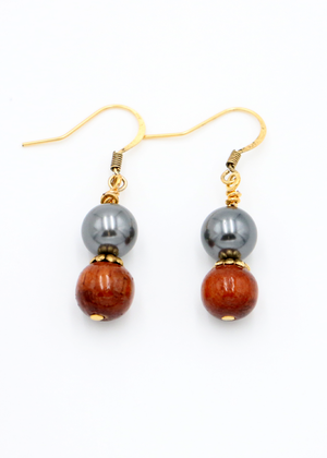 Koa Wood Bead and Pearl Earrings