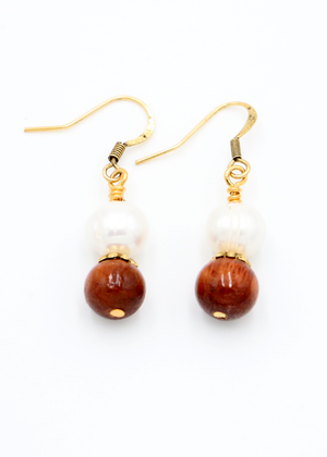 Koa Wood Bead and Pearl Earrings