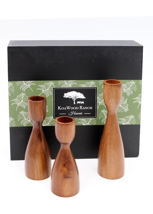 Koa Wood Taper Candle Holders - Set of Three