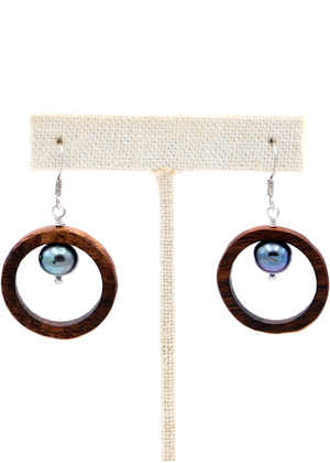 Koa Wood Hoop with Freshwater Pear Earrings