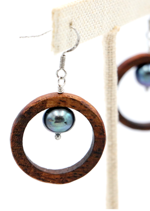 Koa Wood Hoop with Freshwater Pear Earrings