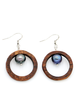 Koa Wood Hoop with Freshwater Pear Earrings