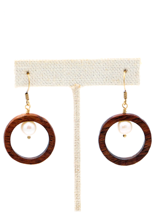 Koa Wood Hoop with Freshwater Pear Earrings
