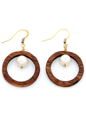 Koa Wood Hoop with Freshwater Pear Earrings
